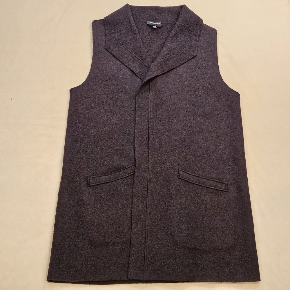 Eileen Fisher Women's Medium Long Purple/Maroon Wool Vest Pockets‎ Cowl Neck